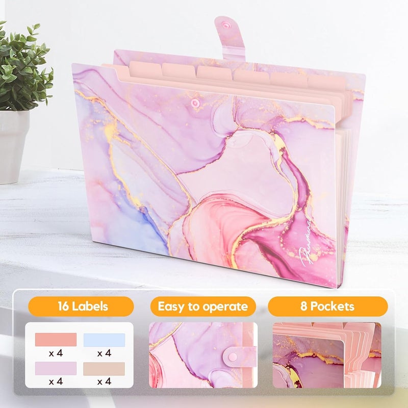 Rihan Expanding File Folder, Folders for Important Documents Organizer, Accordion File Organizer, Aesthetic Folders for School Students, 8 Pockets File Folder for Home Bills (Pink Gold Marble) - Image 2